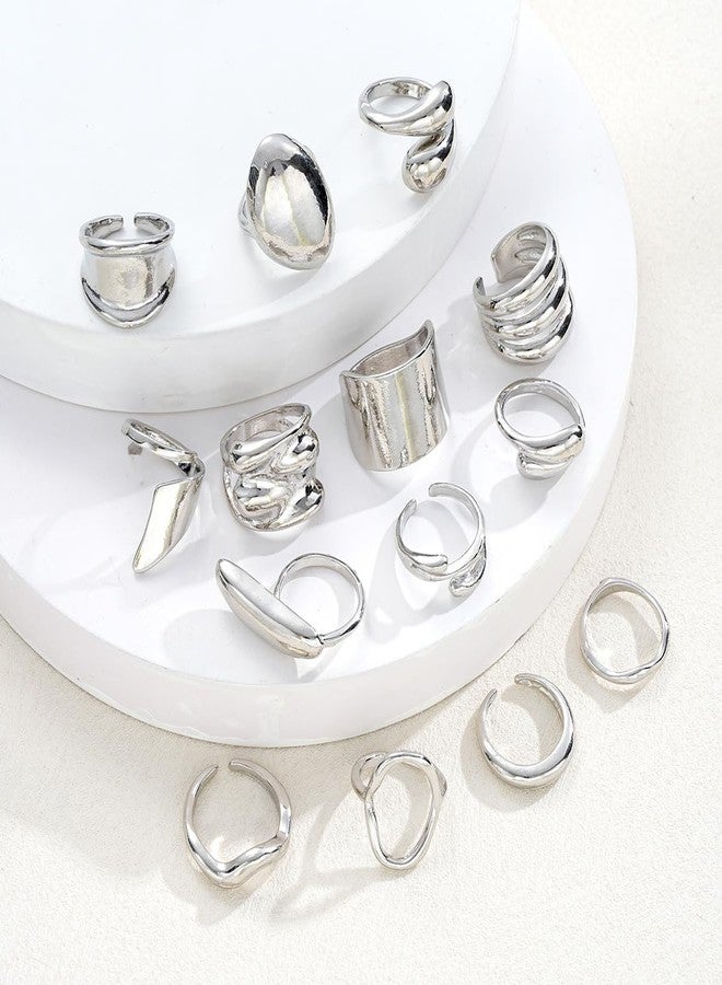 ANGLEQUEEN Chunky Silver Rings for Women 14K Silver Plated Stackable Knuckle Ring Set Adjustable Domed Silver Rings Statement Ring Set Pack (Silver14PCS) - Image 5